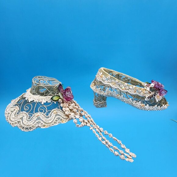 Vintage Ivory Lace Shoe & Hat Ornaments Pink Rose Rhinestone French Country Deco - Picture 9 of 11